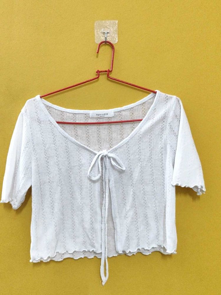 White Cropped Tie-Front Top