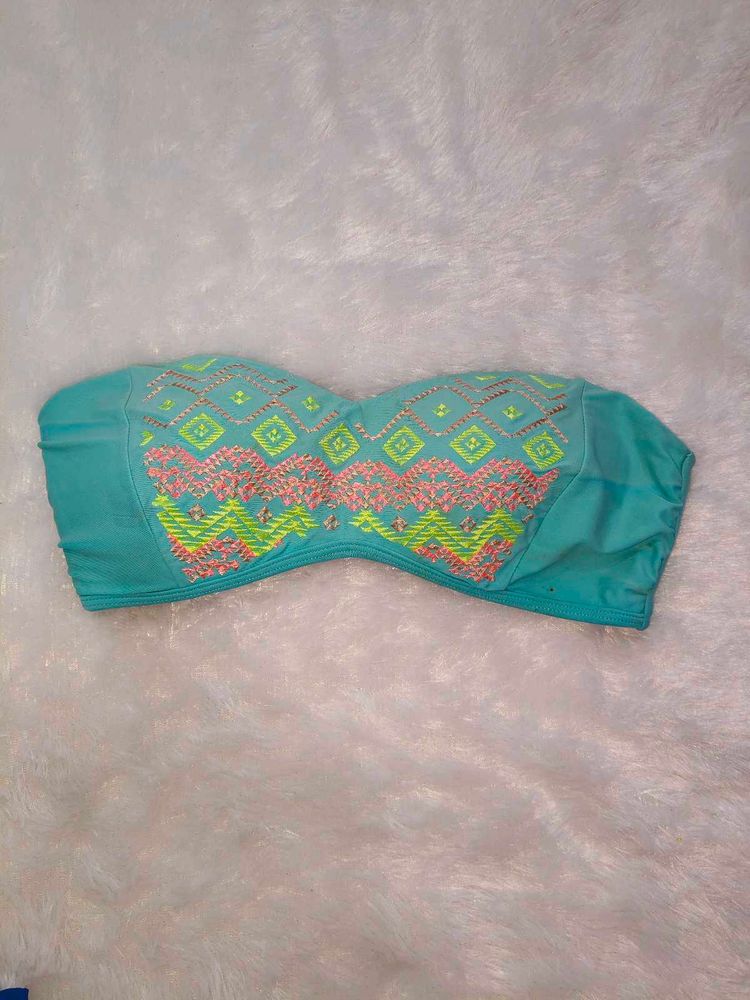 Teal Bikini Top with Geometric Embroidery