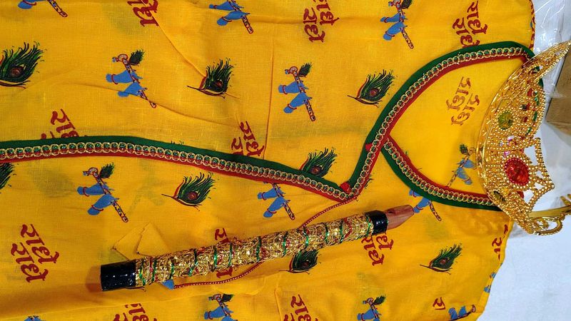 Beautiful Yellow Ethnic Dress with Crown and Flute