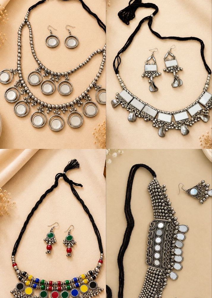 Bohemian Oxidized Silver Mirror Necklace Set