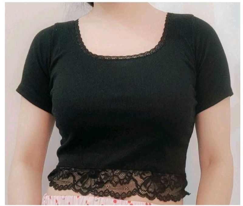 Black Cropped Lace Trim Top