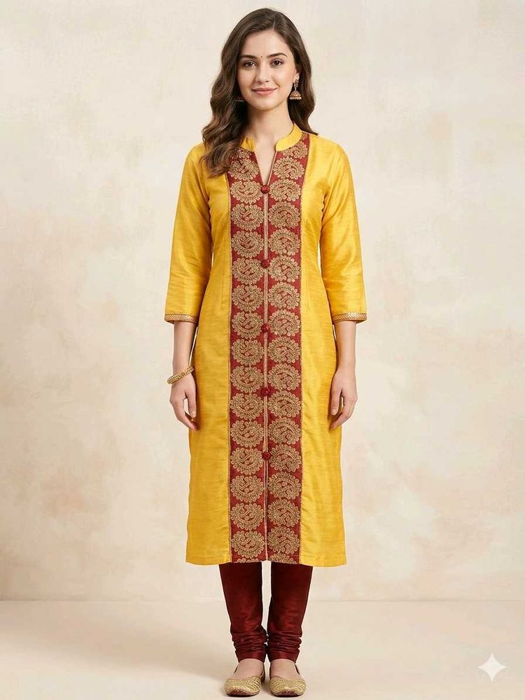 Elegant Yellow Kurta Set with Maroon Embroidery