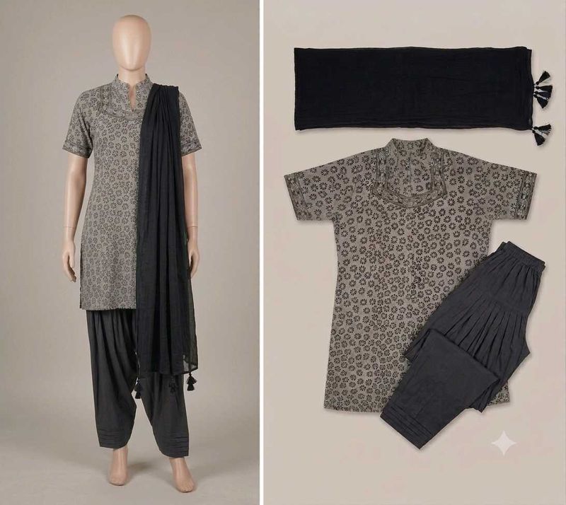 black&amp; grey  short Kurta Set with Dupatta