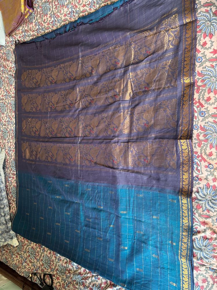 Elegant Blue &amp; Purple Saree with Gold
