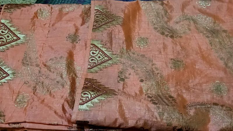 Elegant Peach Silk Saree with Golden Embroidery