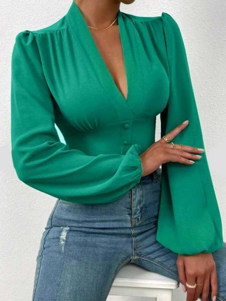 v neck puff sleeve fitted crop top