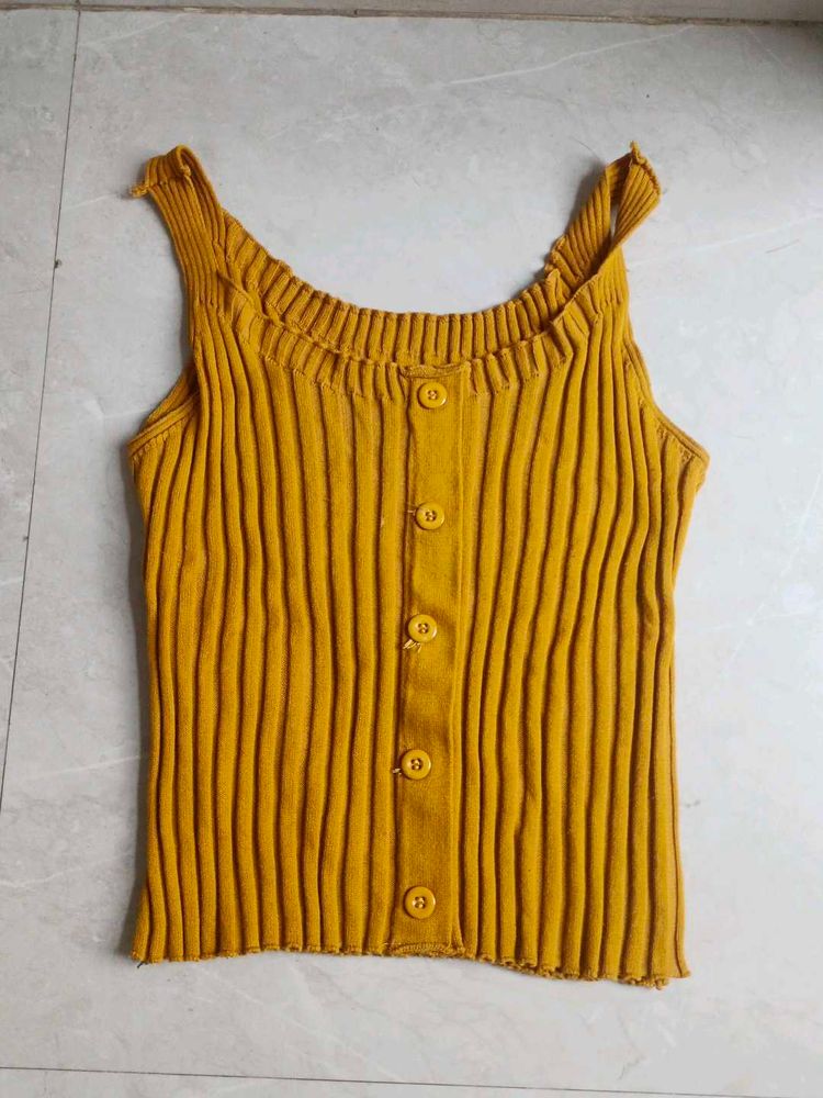 Yellow Ribbed Button-Up Tank Top