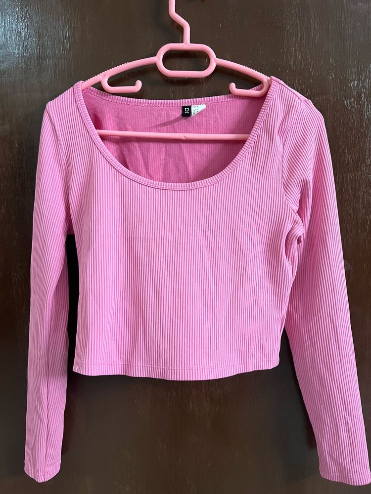 Pink Ribbed Cropped Long Sleeve Top
