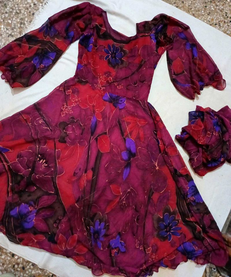 Floral Print Chiffon Anarkali With Dupatta