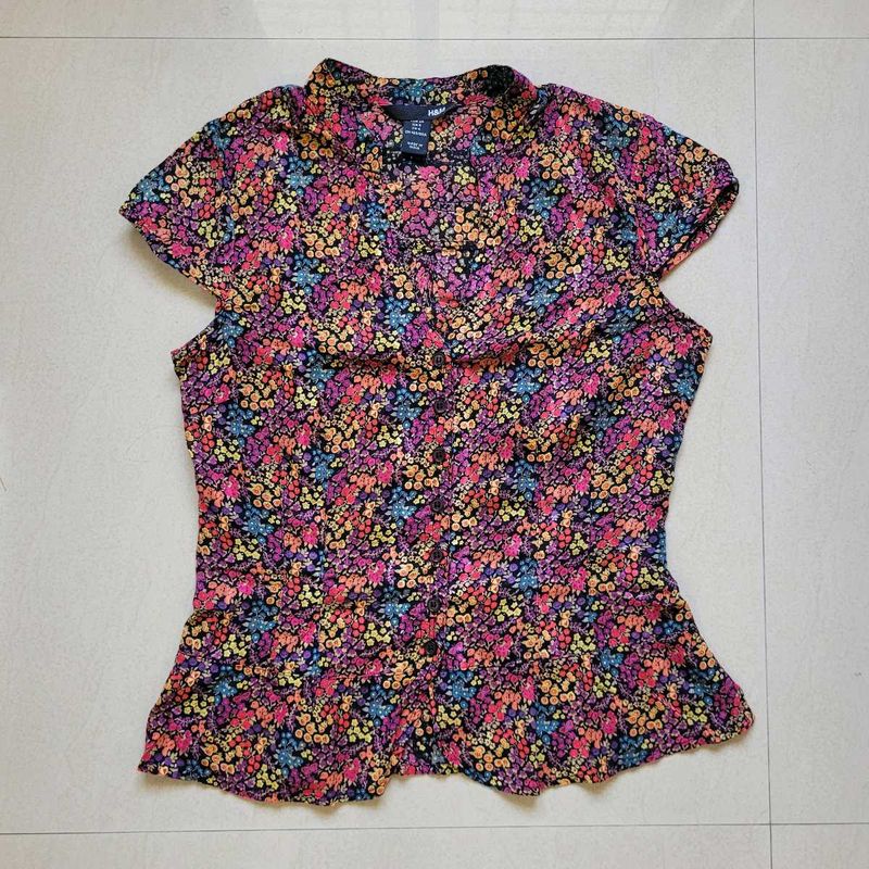 Vibrant Floral Print Peplum Style Shirt