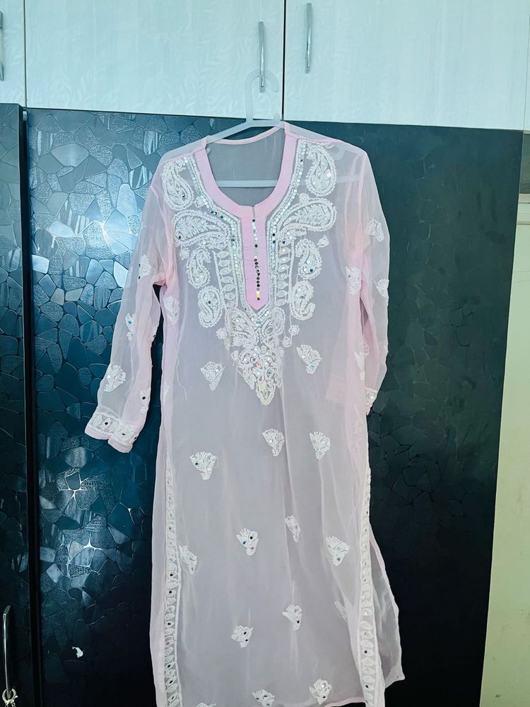 baby pink chikankari kurta with inner