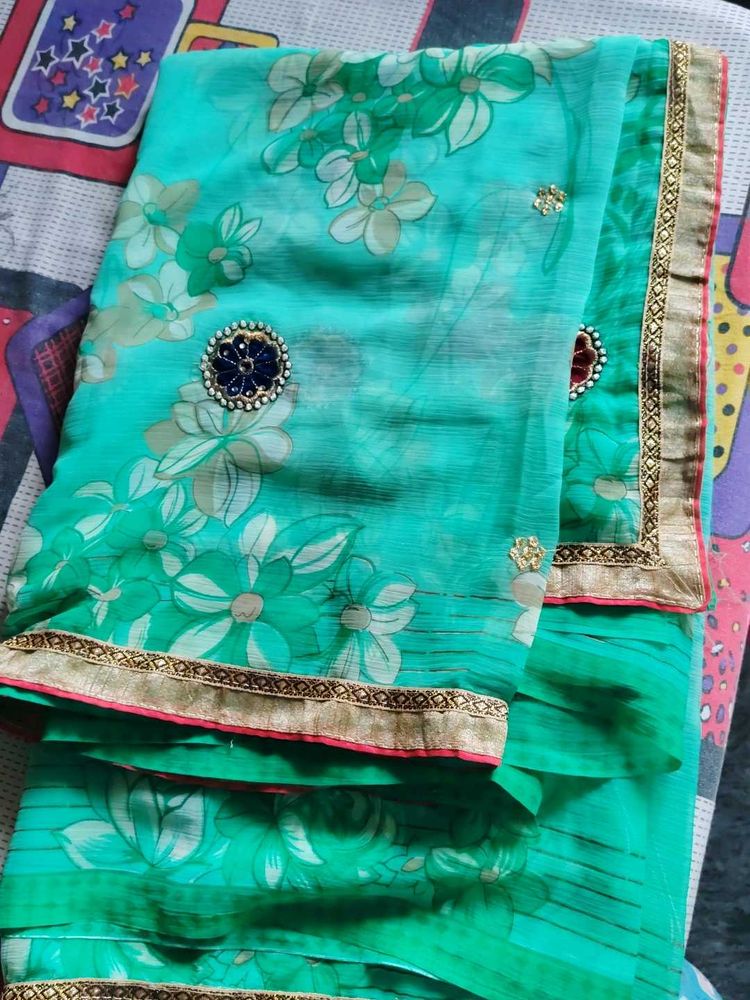 Beautiful Teal Saree with Floral Print