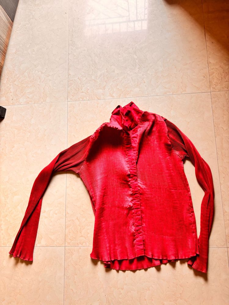 Red Pleated Long Sleeve Top