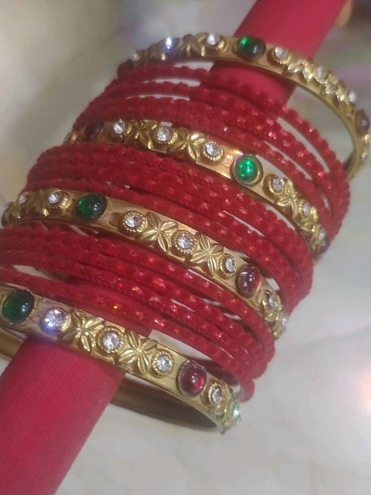 Set of Red Bangles with Embellishments