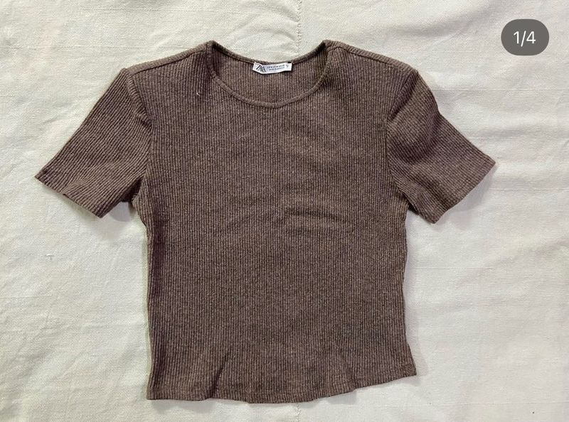 Brown Ribbed Knit Top