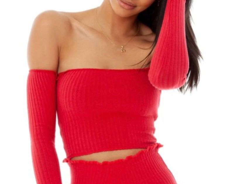 Red Ribbed Tube Top with detachable sleeves