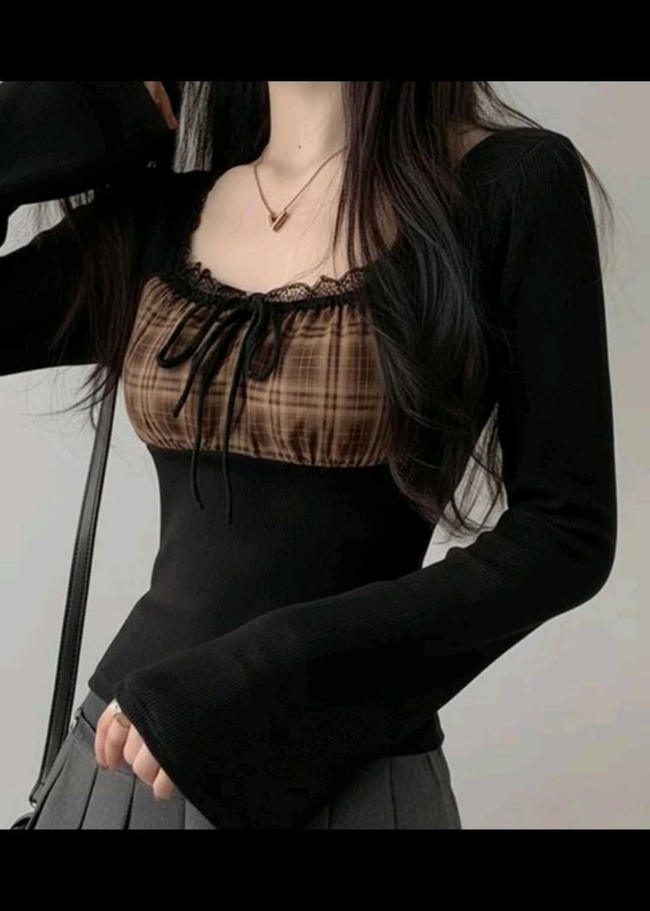 Chic Plaid &amp; Lace Detail Top