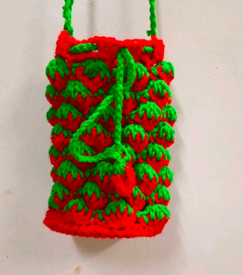 Handmade Crochet 🍓 Drawstring Bag