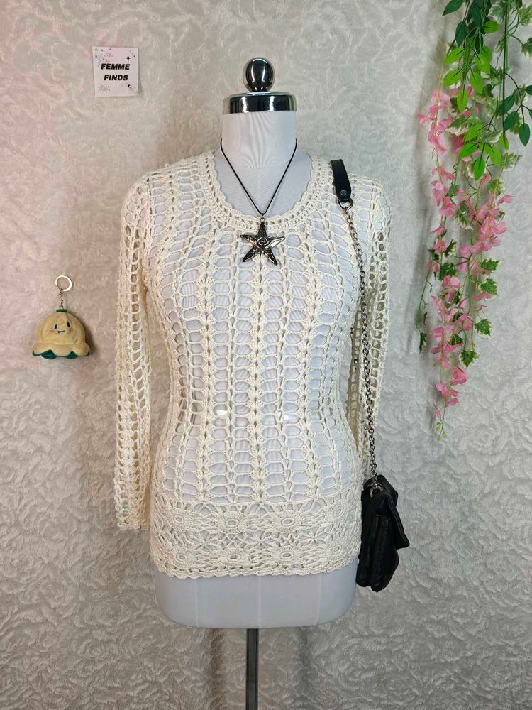 Cream Crochet Long Sleeve Top