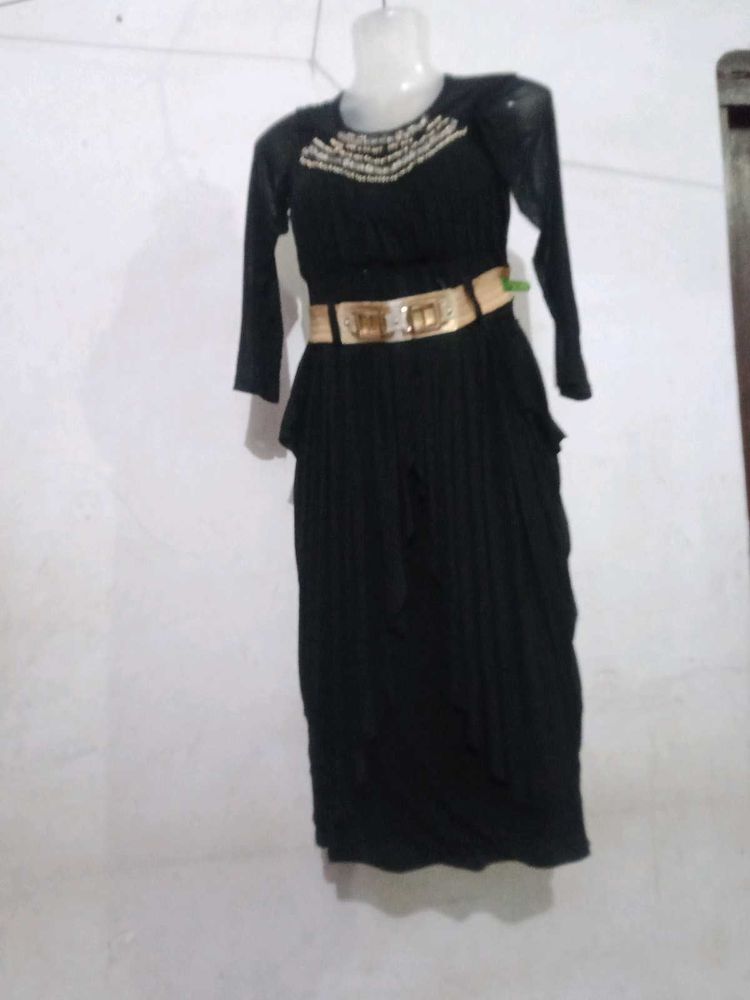 Black Pleated Dress with Belt
