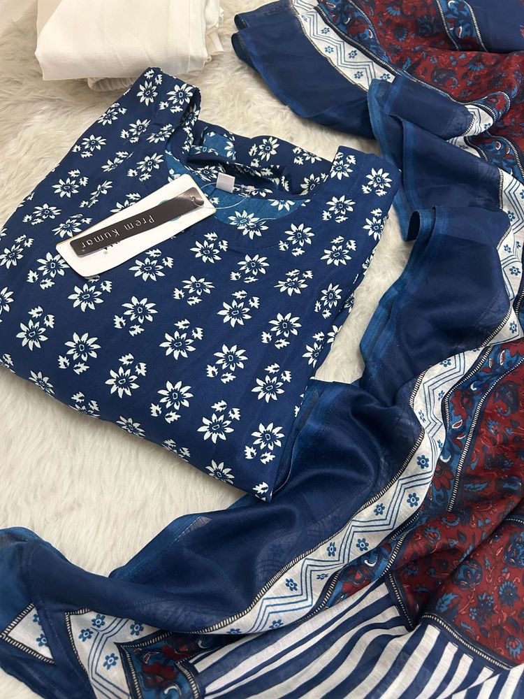 Stylish Blue Floral Kurta Set with Dupatta
