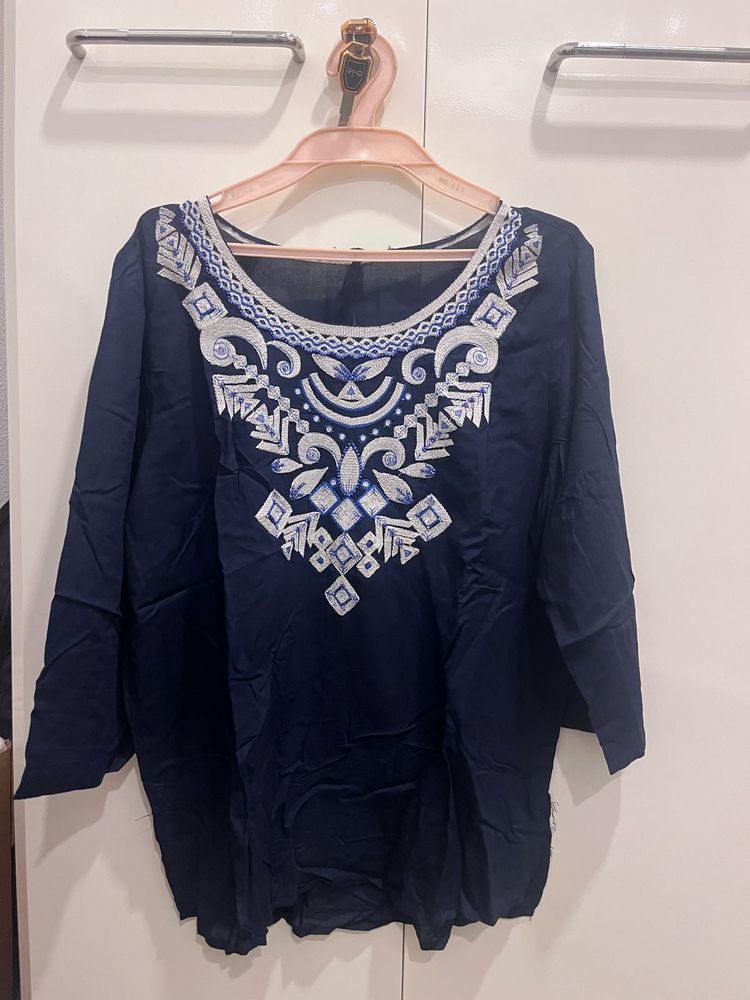 Embroidered Navy Blue Kurta