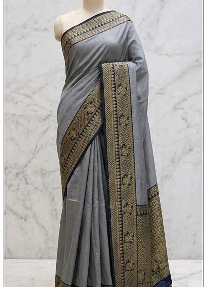 Elegant Grey Saree with Golden Zari Border