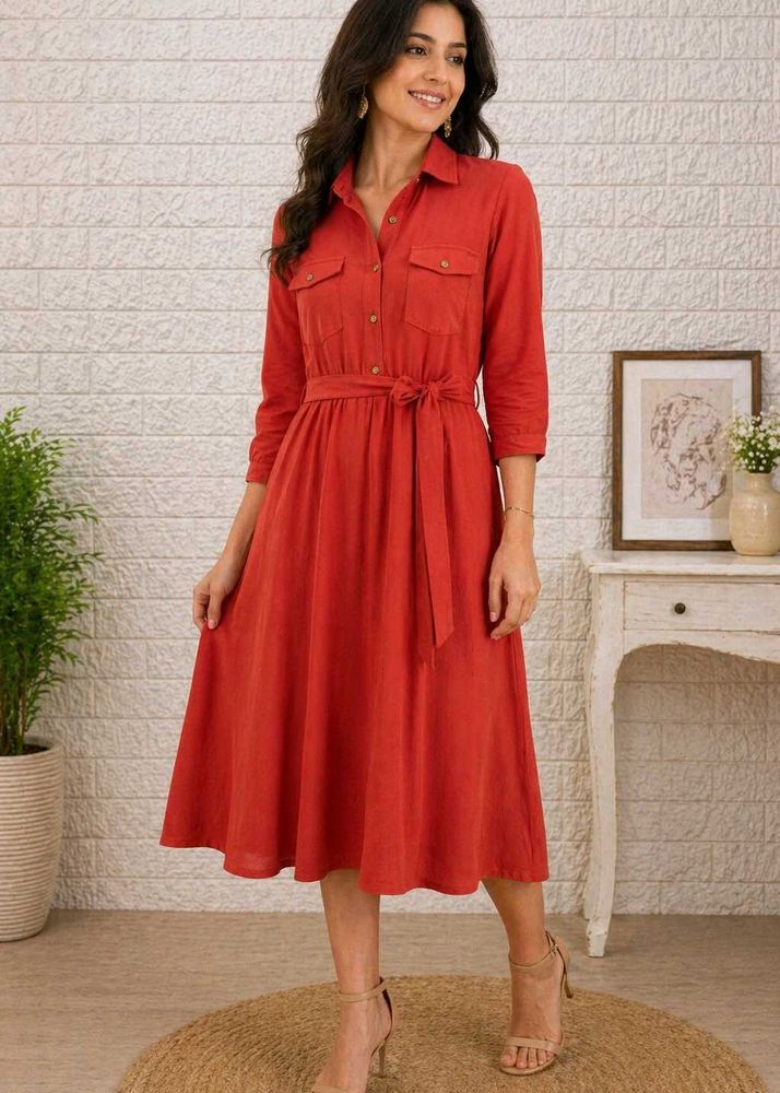 Chic Red Shirt Dress with Belt