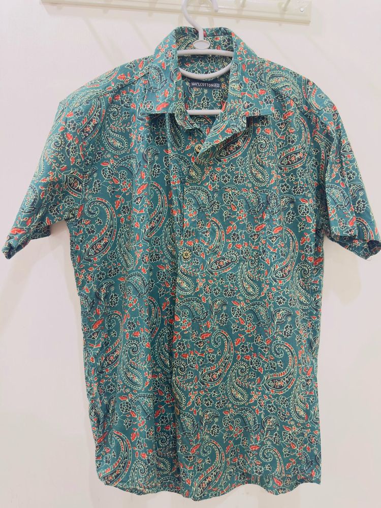 Men's Teal Paisley Print Short Sleeve Shirt