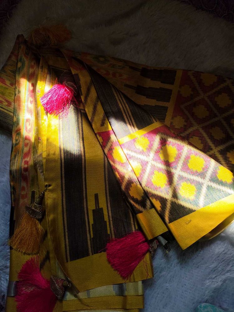 Vibrant Yellow &amp; Pink Ikat Saree