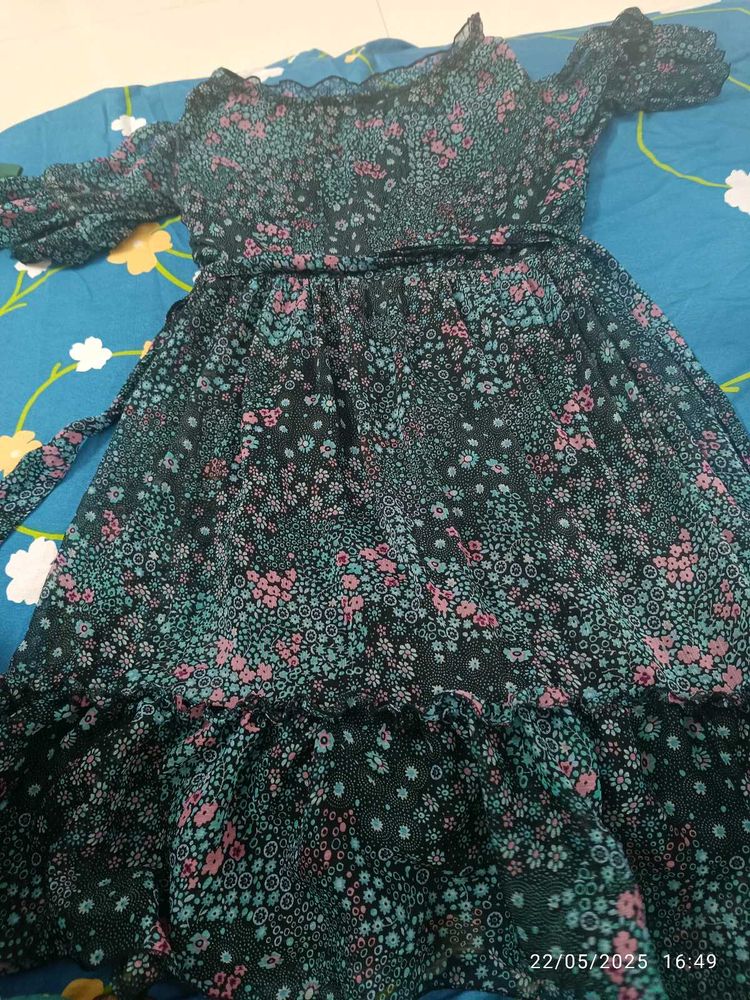 8-10 Yr Girl Frock / Dark Green/ Georgette