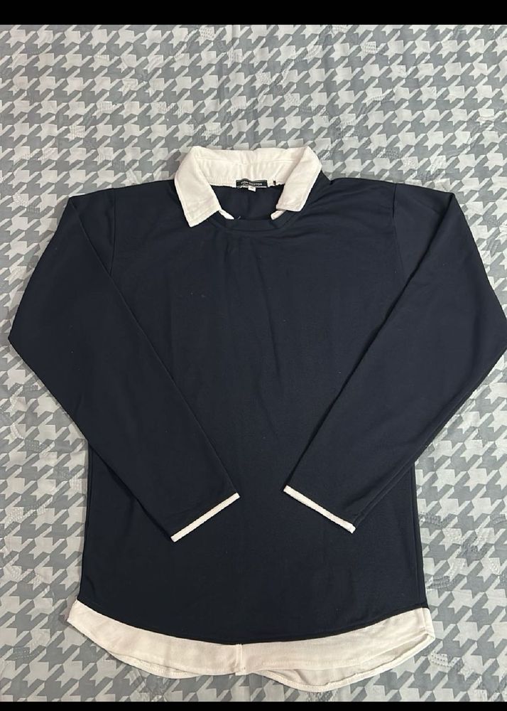 Navy Blue Long Sleeve Collared Top