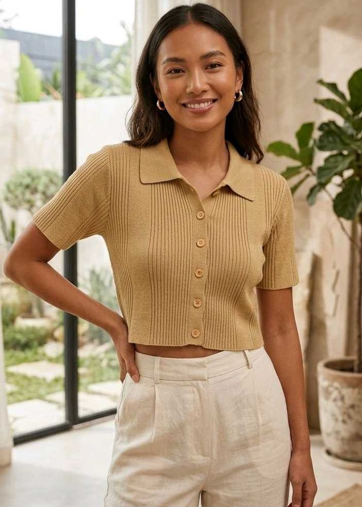 Beige Cream Button-Up Knit Sweater Top
