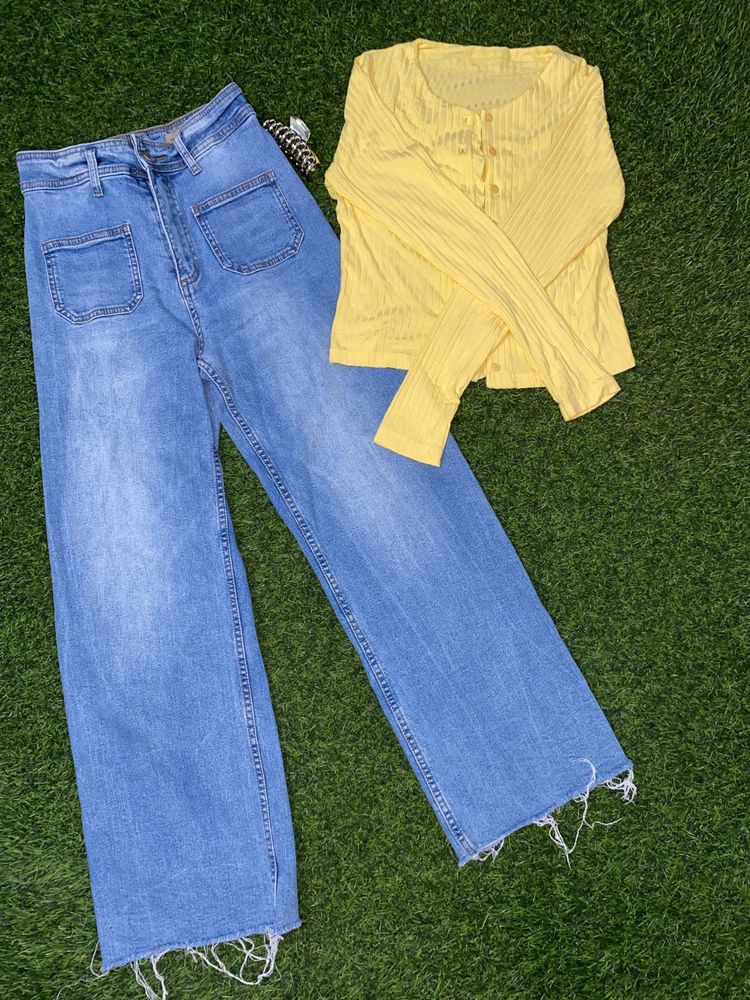 Wide Leg Jeans &amp; Yellow Shrug Top Set