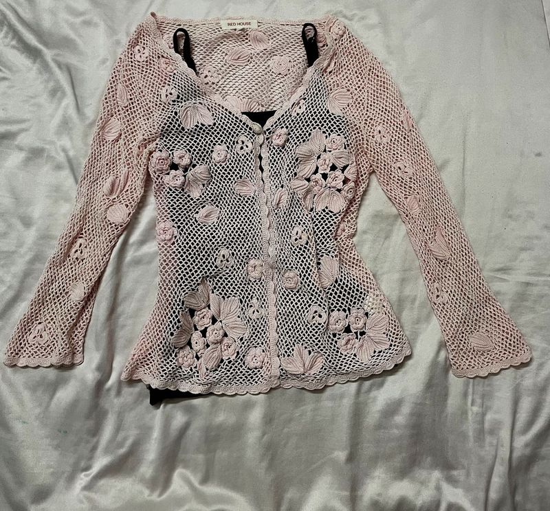 Pink Crochet Flower Cardigan