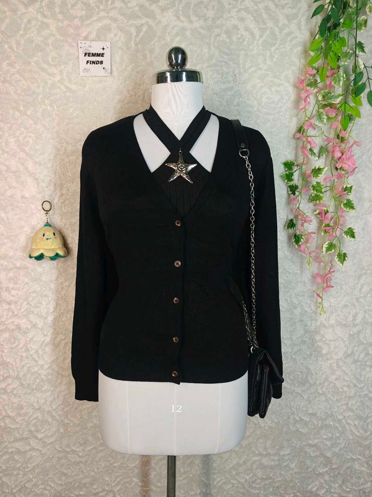 Black V-Neck Button-Up Cardigan