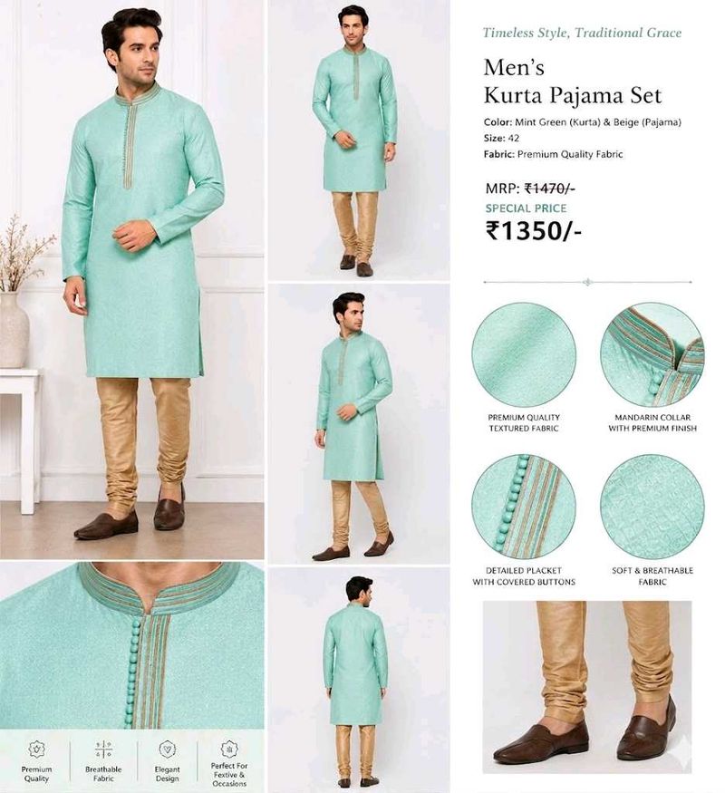 Men’s Mint Green Jacquard Kurta Pajama Set