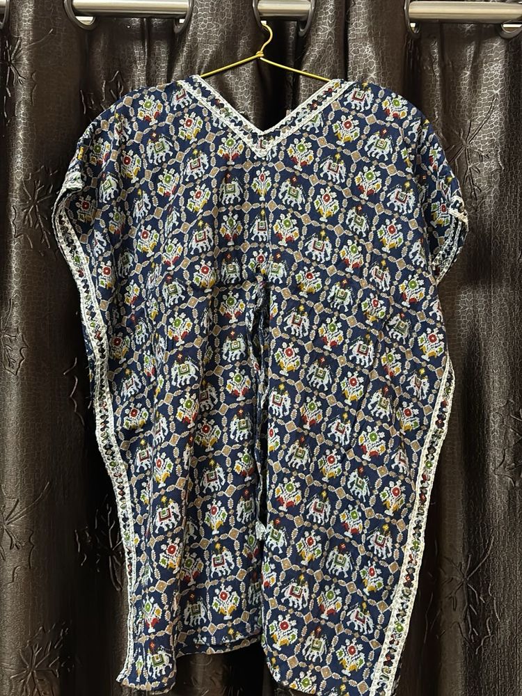 Navy Blue Elephant Print Kaftan Short Kurta