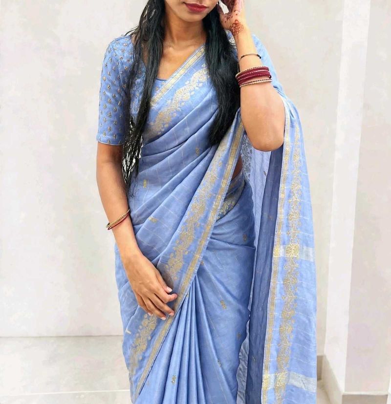Elegant Blue Saree with Golden Border