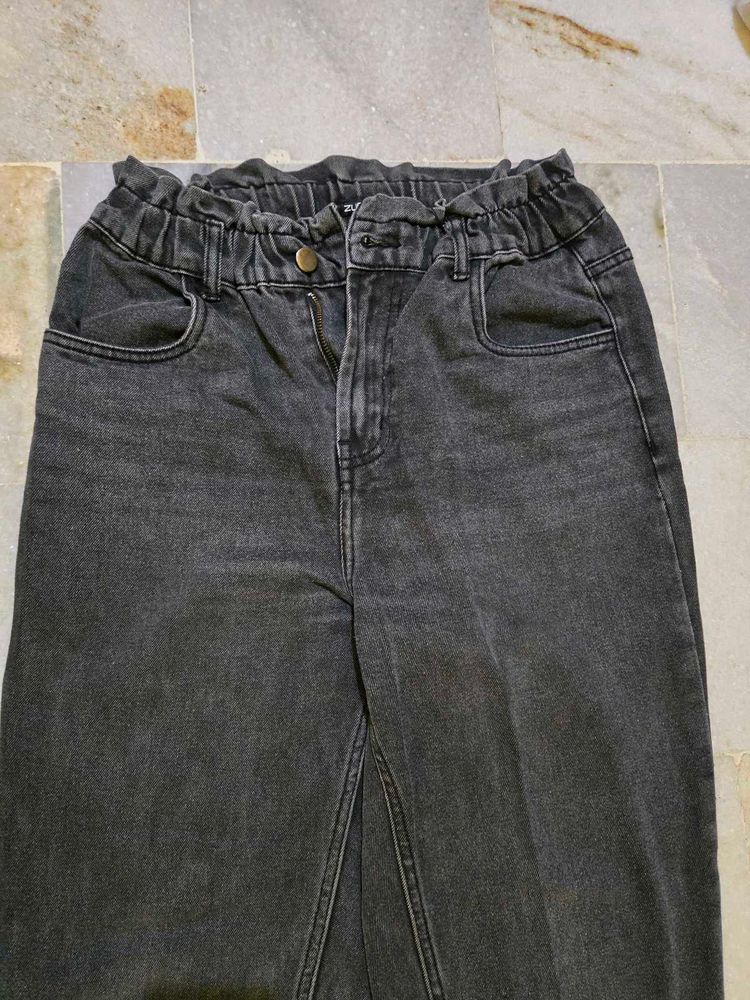 Washed Black Denim Paperbag Waist Jeans