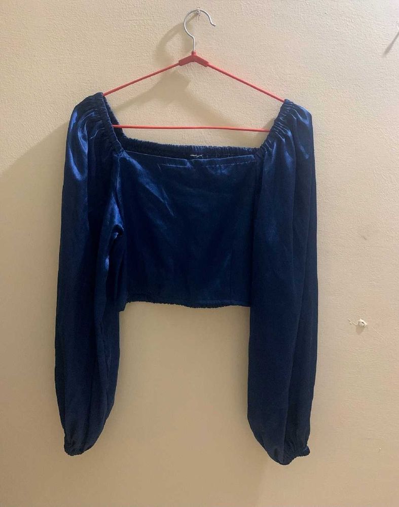 Blue satin Square Neck Crop Top