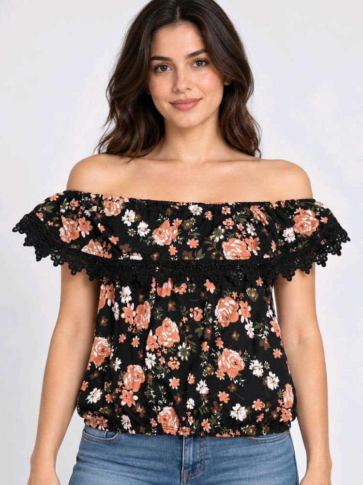 Off-Shoulder Floral Print Top with Lace Trim