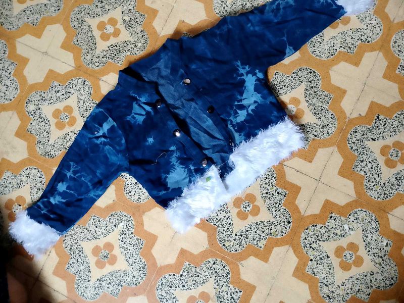 Blue Tie-Dye Jacket with Fur Trim