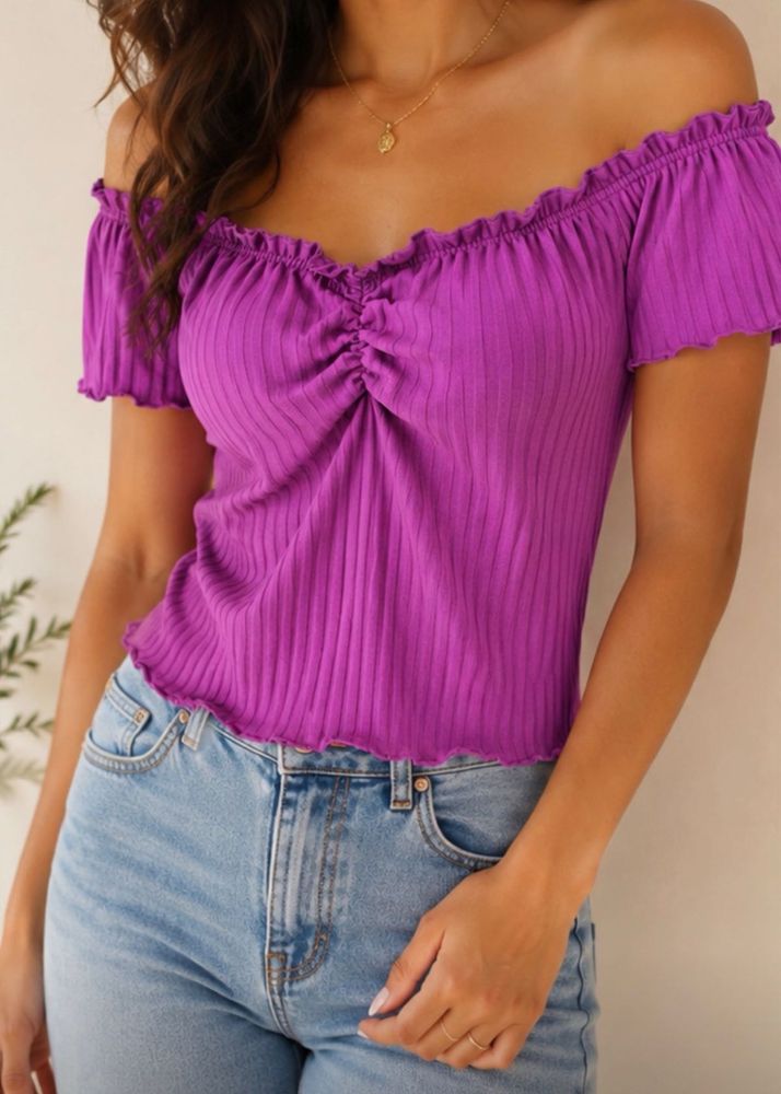 Purple Off-Shoulder Ruched Top