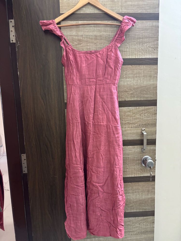 Chic Pink Ruffle Strap Midi Dress