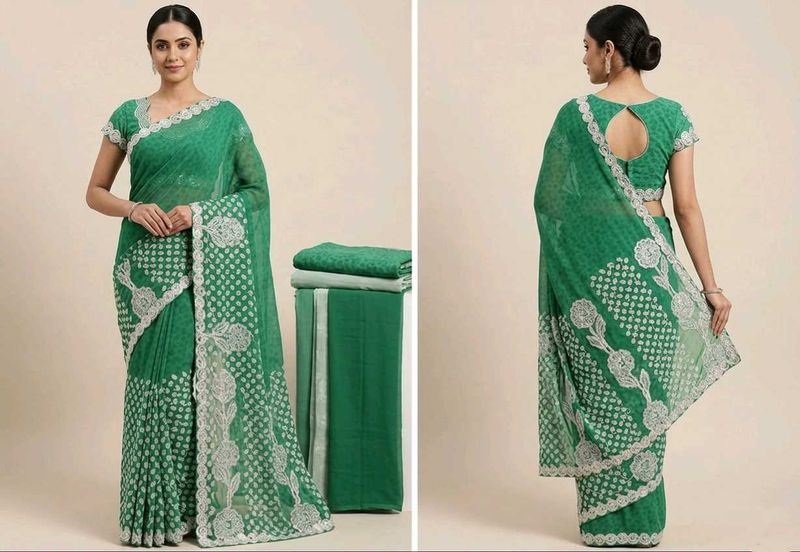 Green Embroidered Saree with Blouse