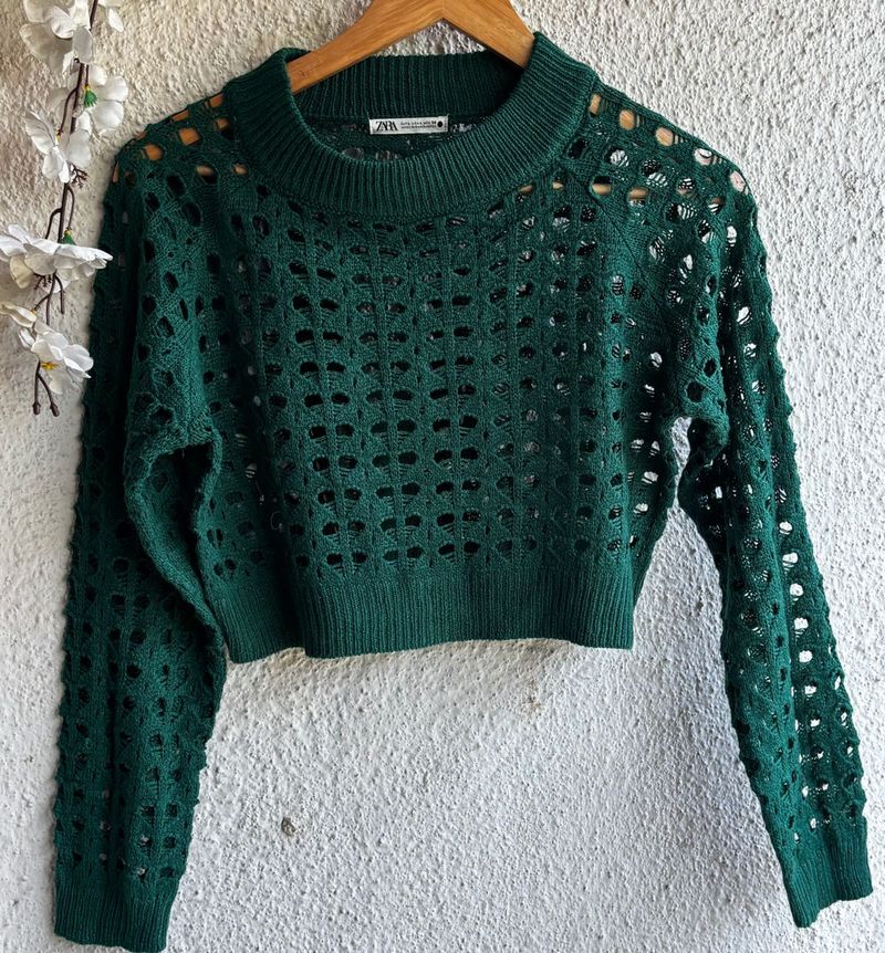 Chic Green Crochet Knit Sweater crop top