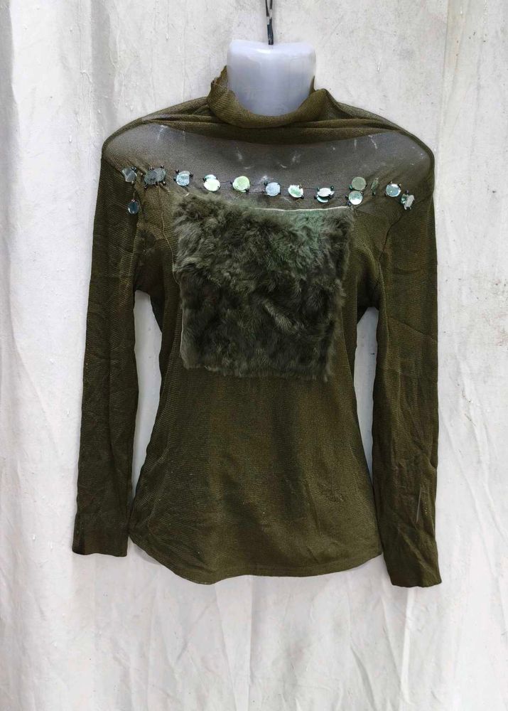 Unique Green Tunic Top with Fur Pocket