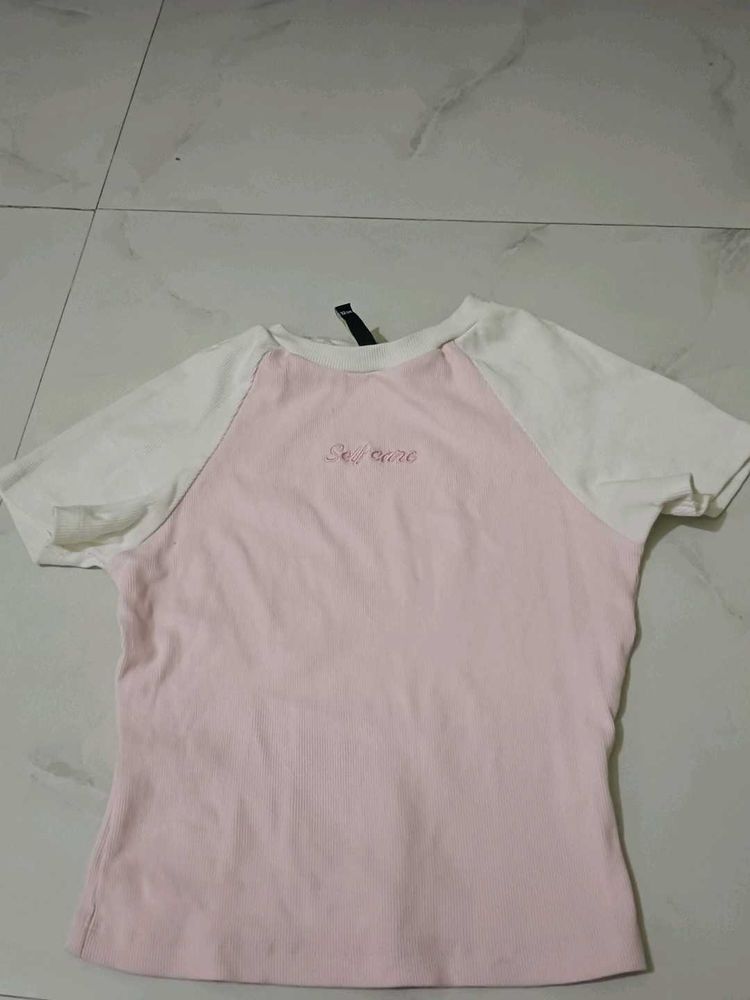 Pink &amp; White "Self Care" crop tshirt