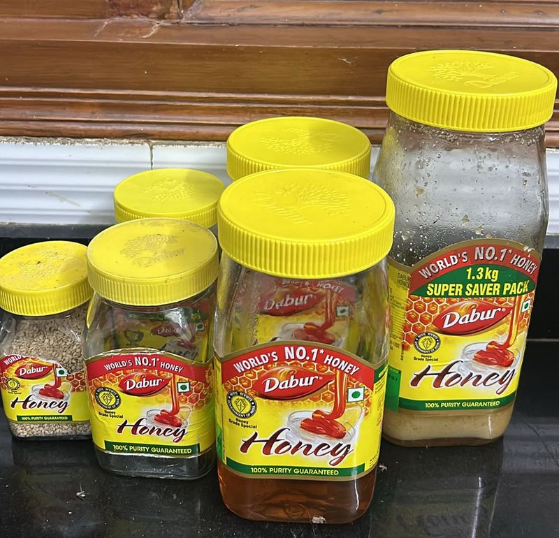 Set Of 4 Dabur Honey Empty Glass Jars With Lid